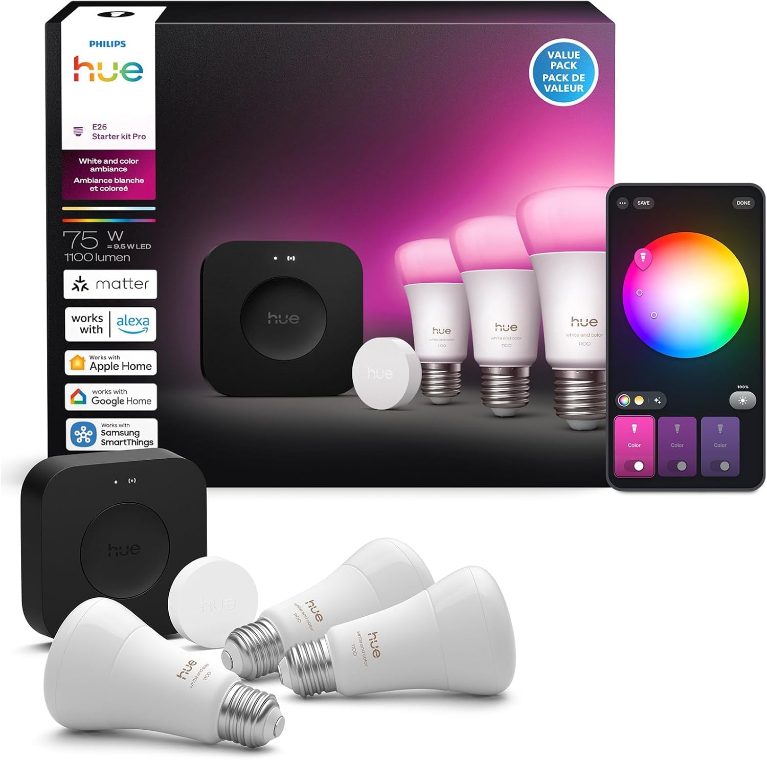 Photo 1 of ***MISSING PARTS***
Philips Hue Starter Kit: Bridge Pro + 3 A19 E26 Smart Bulbs + Button, White & Color Ambiance, Smart Light Hub, Works with Apple Home, Alexa, Google, Samsung SmartThings