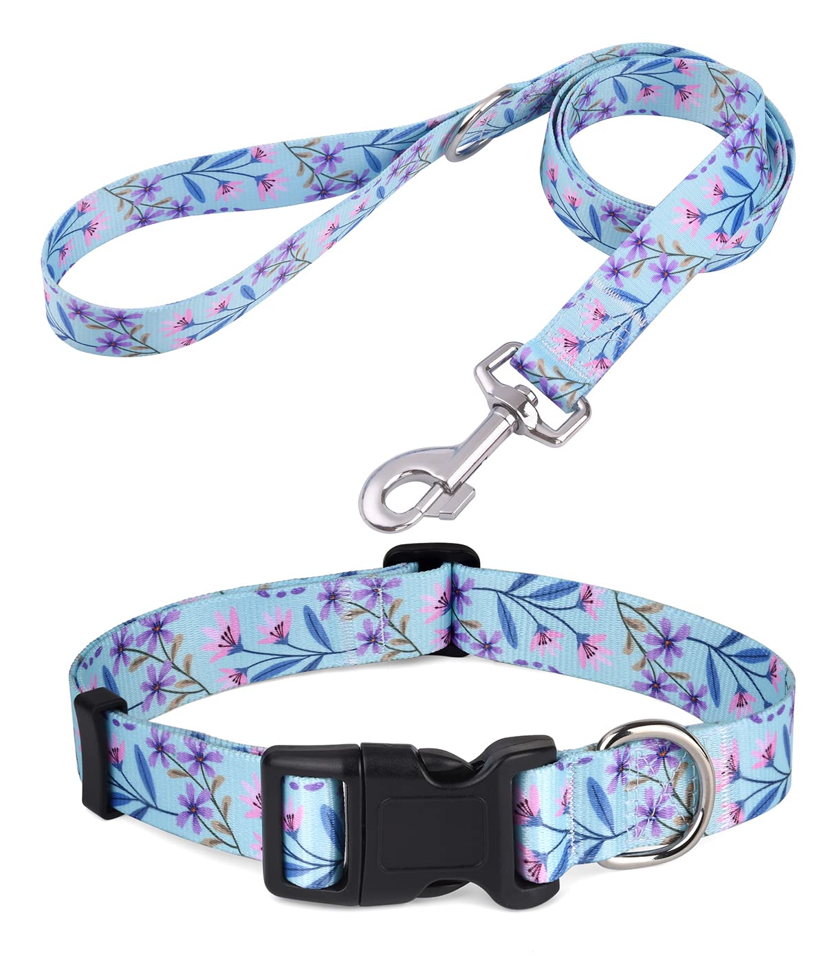 Mihqy Dog Collar and Lead Set with Bohemia Floral Tribal Geometric Patterns - Soft Ethnic Style Collar Adjustable for Small Medium Large Dogs(Pink + Purple Floral Set,XS) — image 1