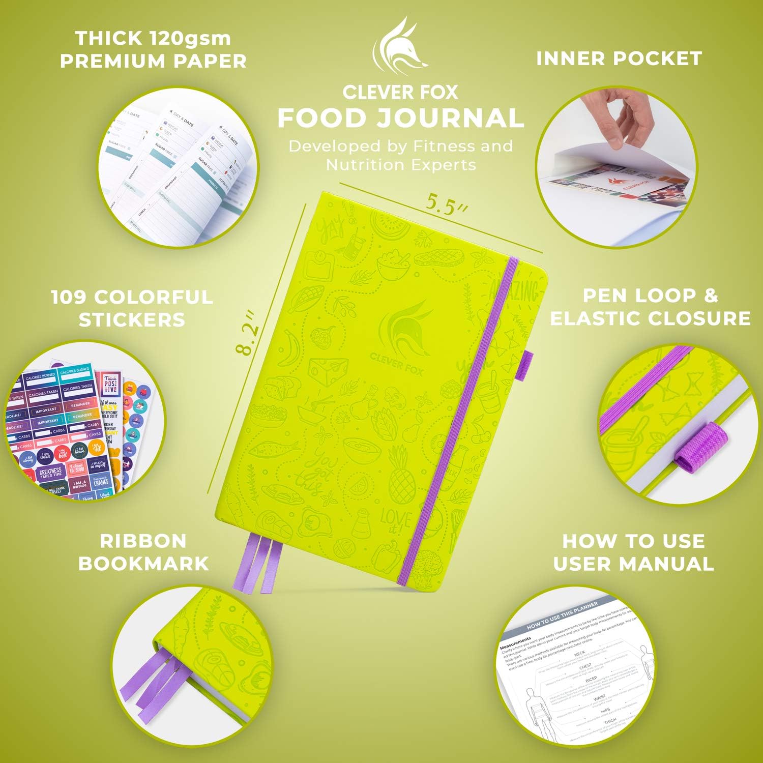 Clever Fox Food Journal - Daily Food Diary, Meal Planner to Track Calories & Nutrients, Weight Loss Tracker Notebook, A5 (Neon Yellow) - Image 3