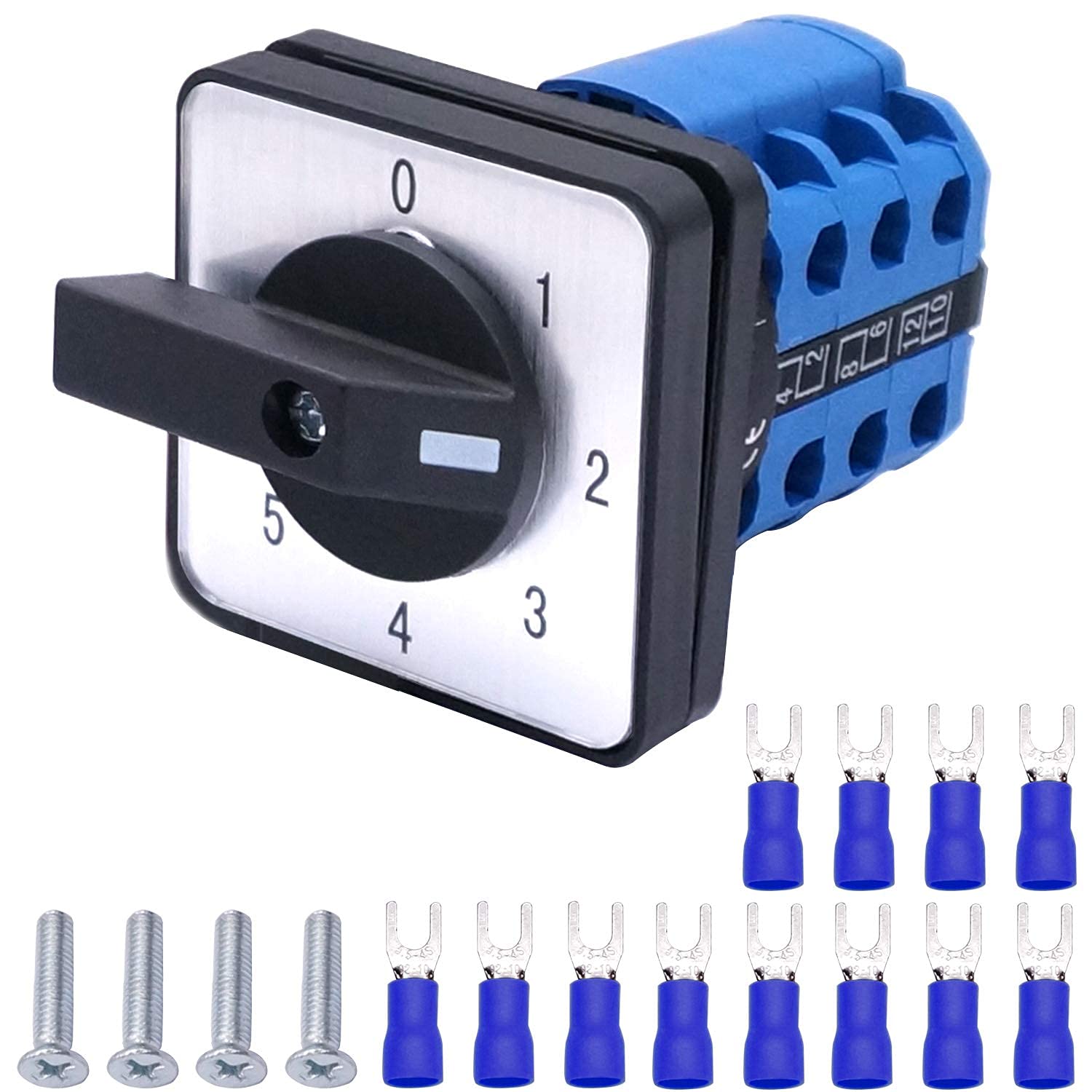 Taiss Universal Selector Changeover Switch 20A 550V 5 Position 12 Terminals Latching Rotary Cam Switch + SV2-4s Blue Connection Terminal LW26-20 0-5/3