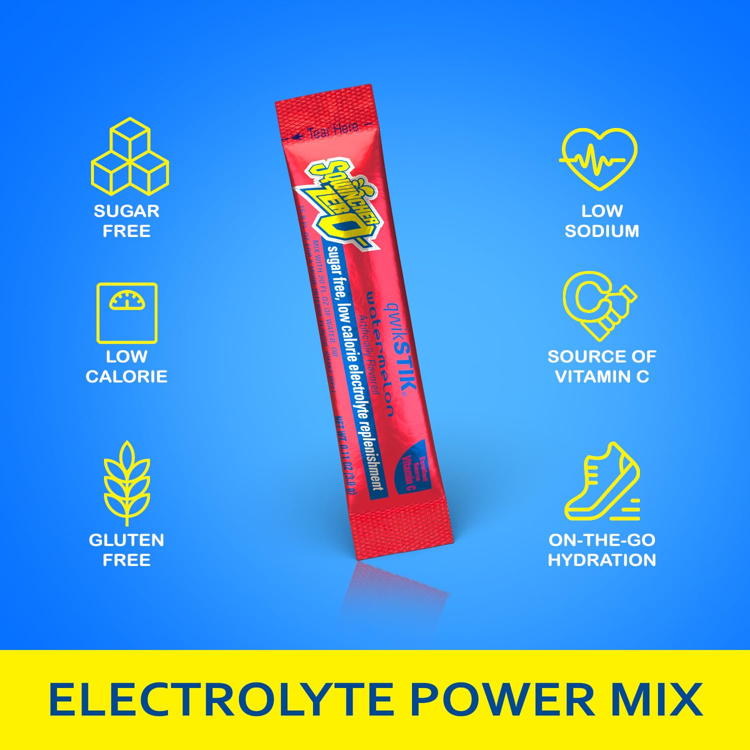Sqwincher Zero Qwik Stik, Fruit Punch, Sugar Free, Low Calorie, Low Sodium Electrolyte Powder Hydration Drink Mix, .11 0z Packet (Pack of 50)