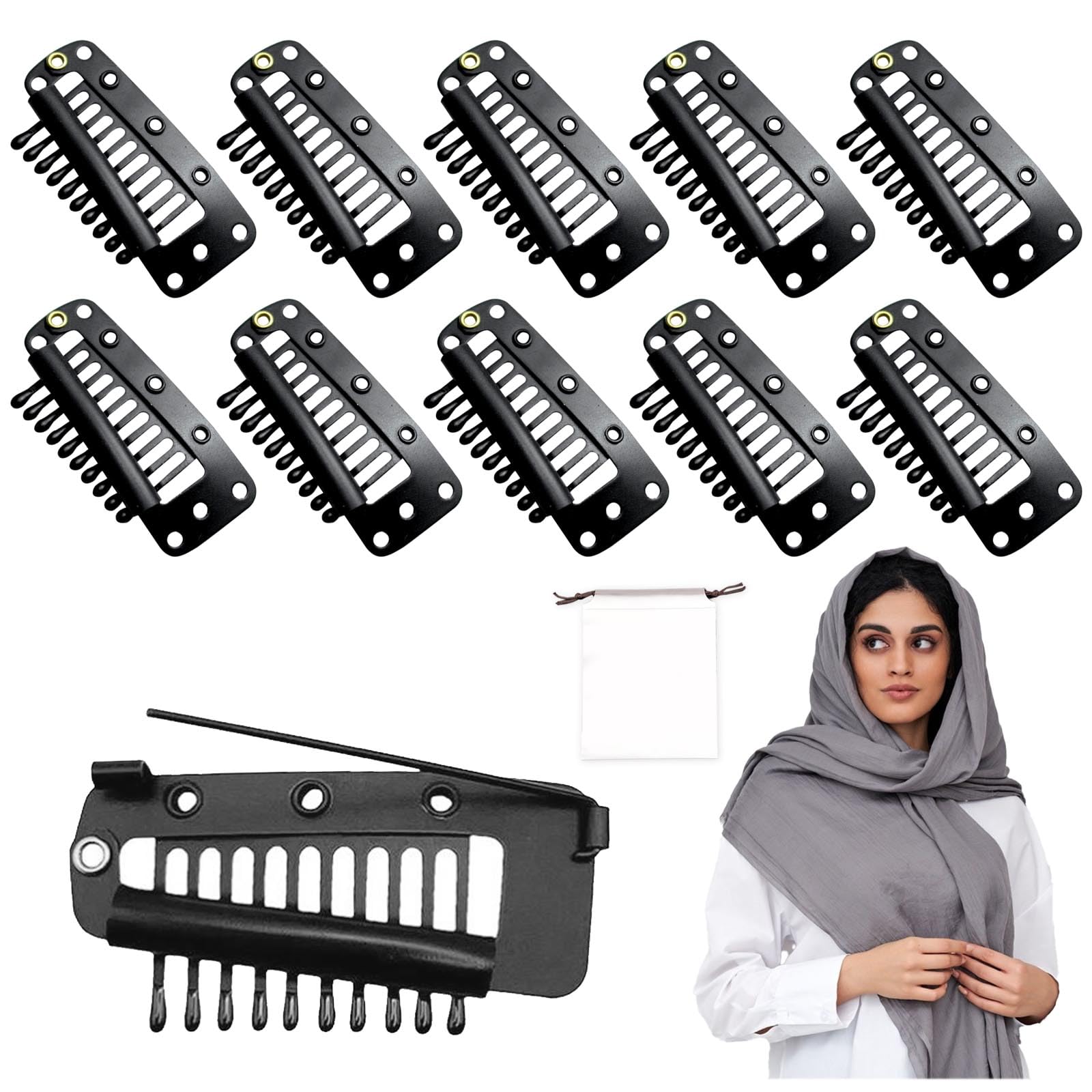 AWAVM 10PCS Chunni Clips with Safety Pin, Metal Wig Clips Hair Extension Snap Clip, Dupatta Safety Pin, Shawls, Clothes, Headscarf, Skirt (Black)