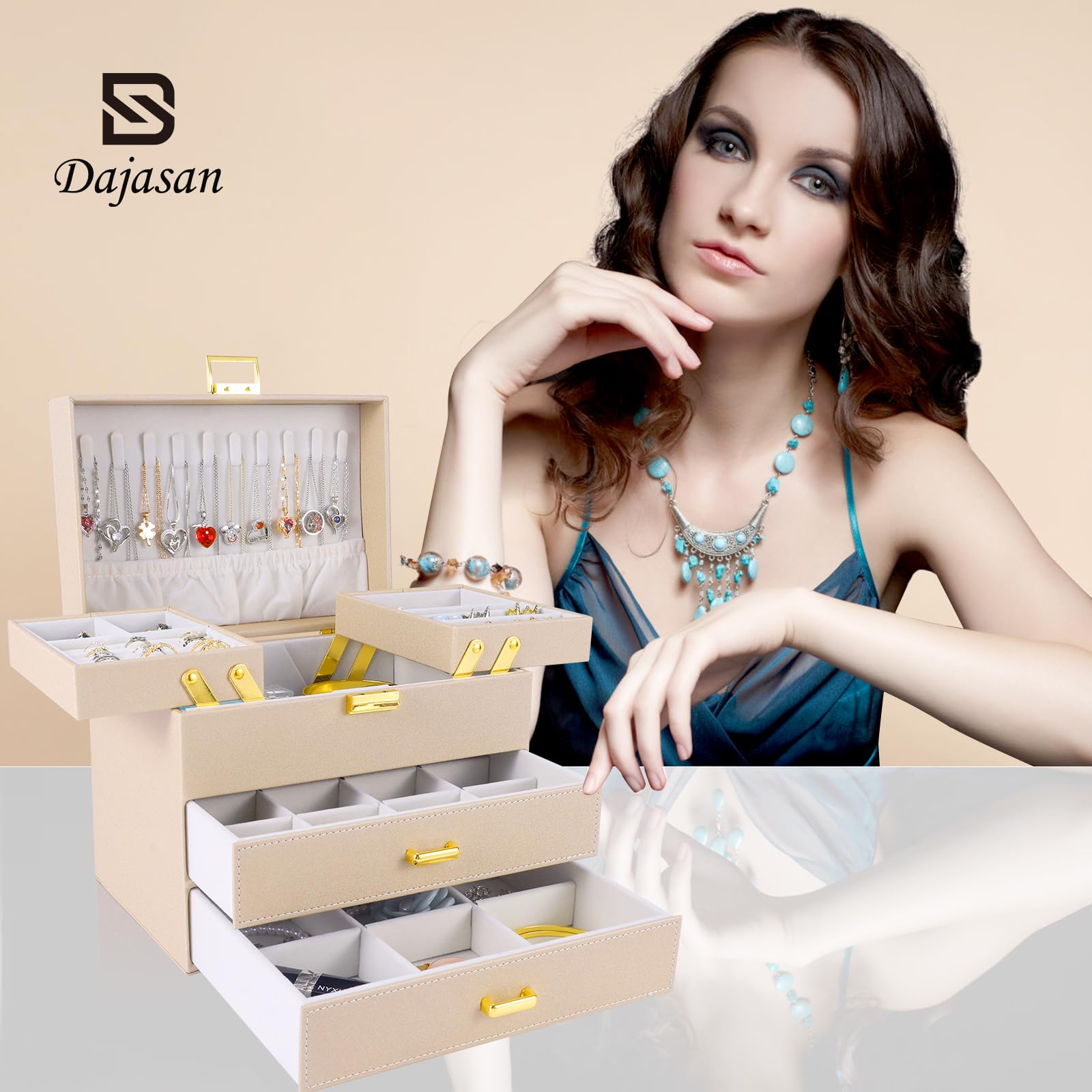 Dajasan Dajasan Jewelry Organizer Box, Jewelry Holder Organizer Box, PU Leather Jewelry Box, Gift Idea for Valentine's Day, Birthday, Mother's Day, Christmas (Champagne)