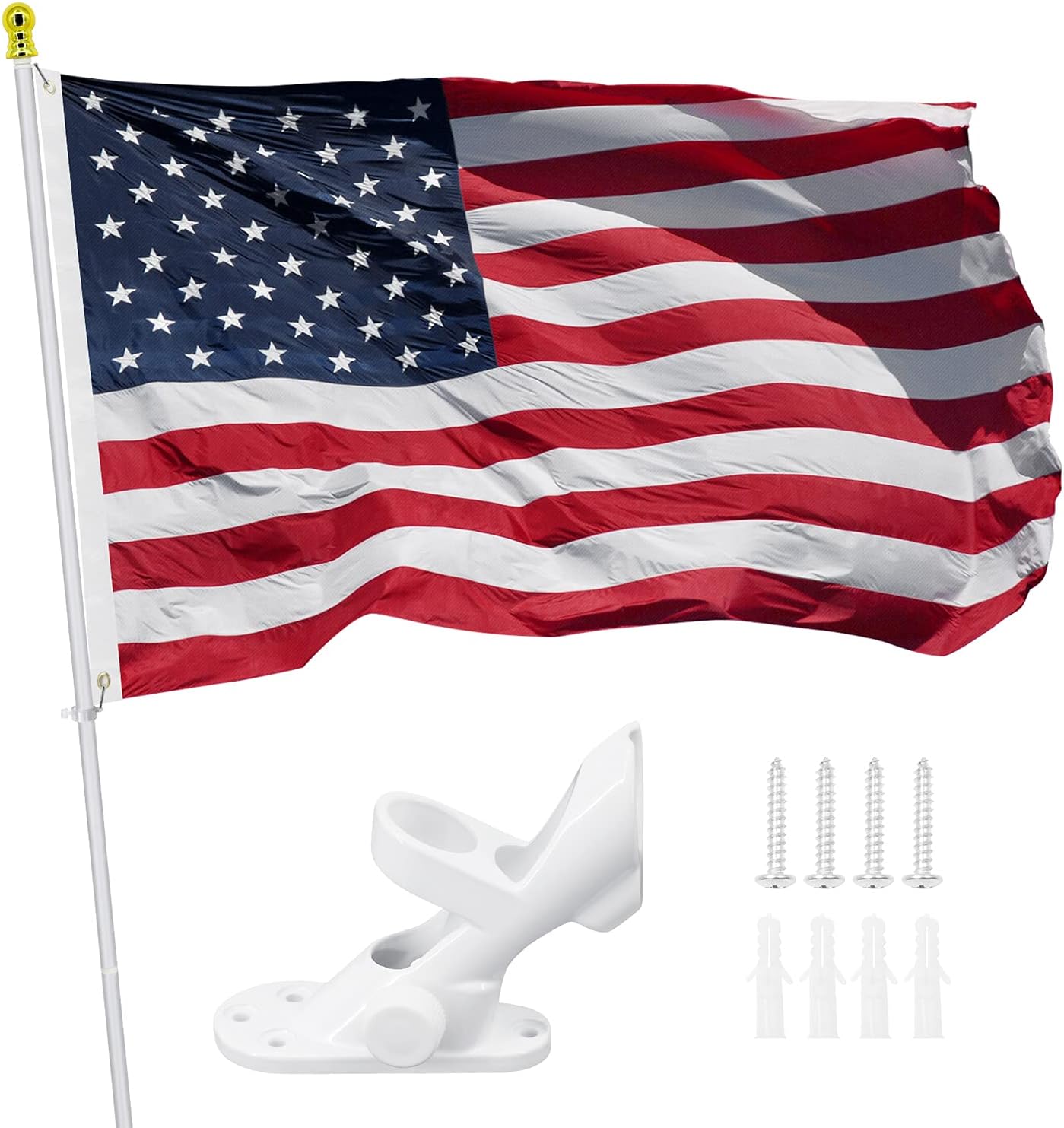 Flagpole Hardware - KEMNOLE American Flag Pole Kit, 2x3 Ft US Flag with Stitched Stripes Embroidered Stars, Brass Grommets, 360° Spinning Flag Pole & Double Adjustable Flagpole Bracket