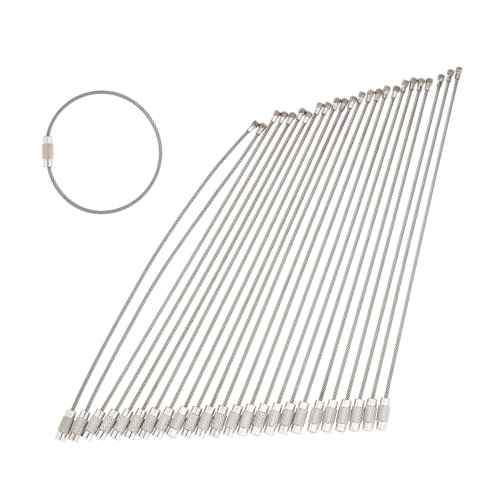 OTOTEC 24PCS Silve Wire Key Holders Aircraft Luggage Ring Wire Key Chain Cable Screw Locking Silver Stainless Steel 160mm Length