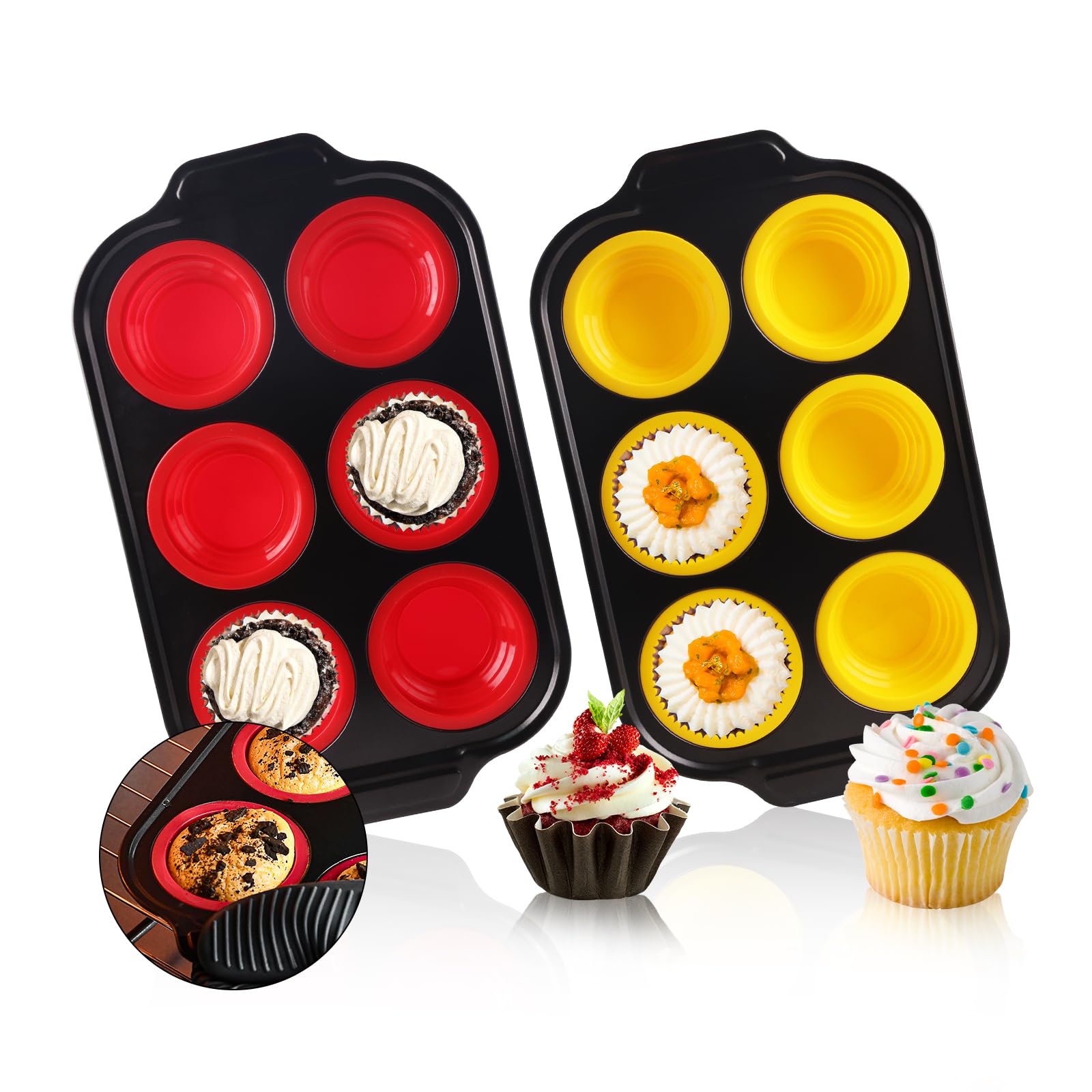 Vicalo Muffin Trays, 2 Pieces Mini Silicone Carbon Steel Muffin Cake Tin, Holds 12 Muffins, Non-Stick Coating Baking Pan with High Temperature Resistance,Cupcakes Brownies (Red and Yellow)