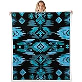 Feelyou Blue Black Southwestern Sherpa Blanket,Tribal Native American Indian Fleece Throw Blanket,Kids Room Decor,Exotic Style Plush Blanket,Farmhouse Western Fuzzy Blanket for Sofa Bed Couch 90"x90"