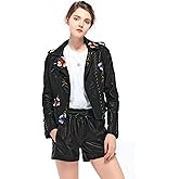 LY VAREY LIN Women's Floral Embroidered Faux Leather Moto PU Jacket Coat