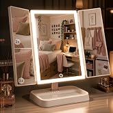 Makeup Mirror with Lights, Rechargeable Trifold 1X/2X/3X Magnification | 76 LEDs, 3 Color Modes, Touch Dimming, 2400mAh Batte