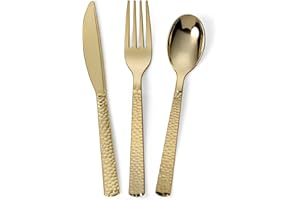 PERFECT SETTINGS TABLEWARE AND PARTY DECORATIONS Perfect Settings 150 PCS Gold Plastic Silverware Set Heavy Duty Premium - Gold Plastic Cutlery Set Hammered Pebbled Finish - 50 Forks, 50 Knives, 50 Spoons Utensil Set