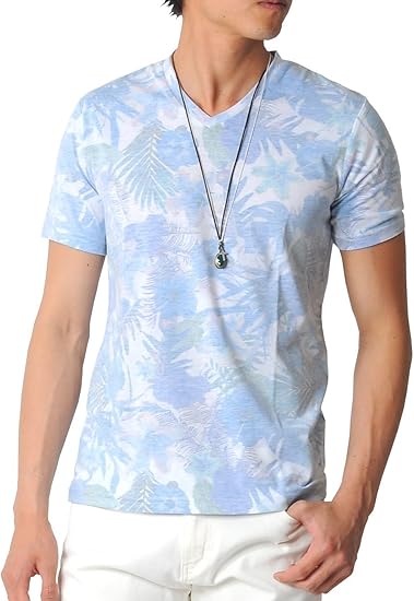 Amazon スペイド Spade Tシャツ メンズ 花柄 ボタニカル 裏プリント Vネック リゾート E134 M ブルー Tシャツ カットソー 通販
