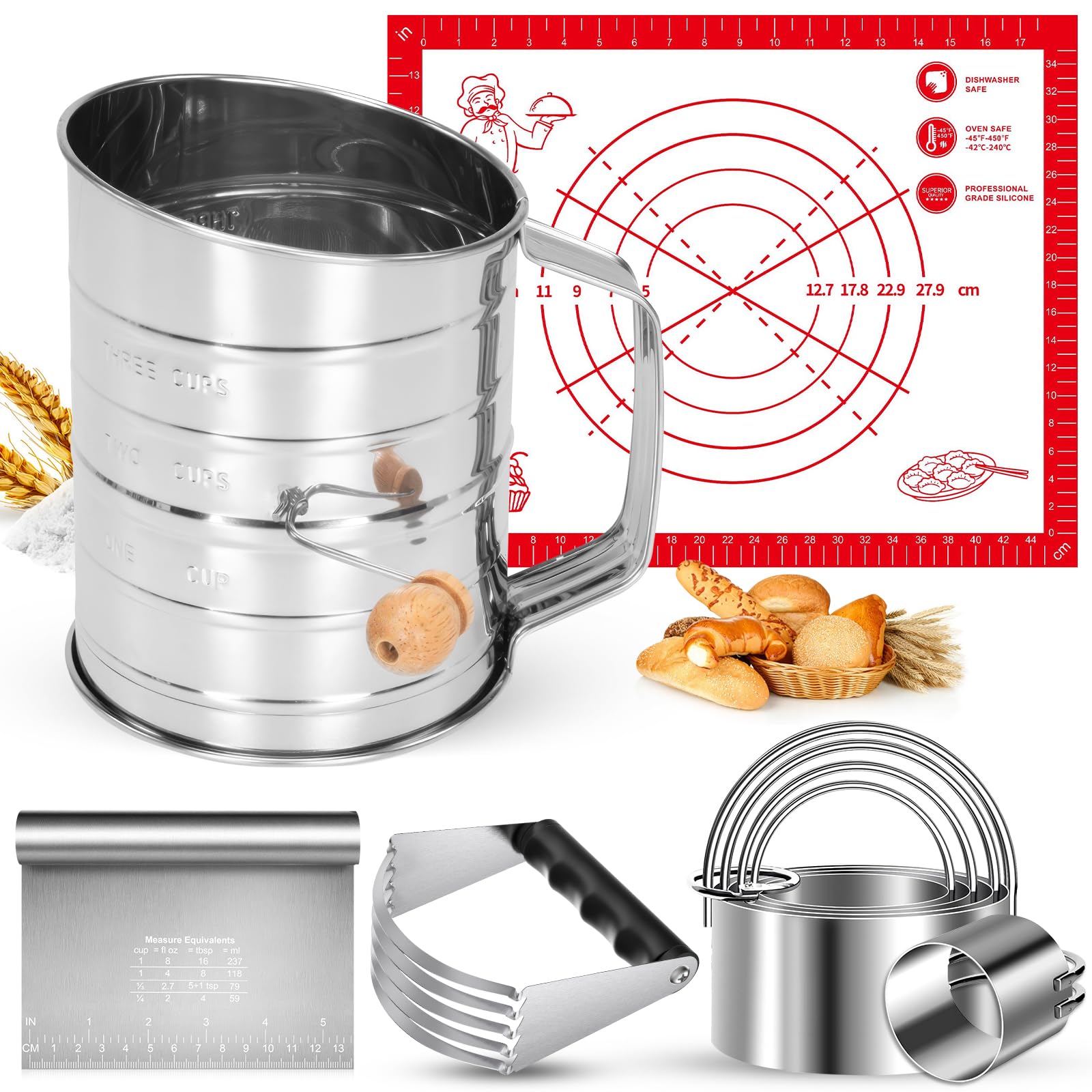 Photo 1 of 9PCS Stainless Steel Pastry Blender Set, 3 Cup Flour Sifter, Biscuit Cutter, Pastry Cutter, Dough Cutter, Silicone Baking Mats, for Cooking Cookies and Donuts, Cakes, Biscuits or Making Pancakes