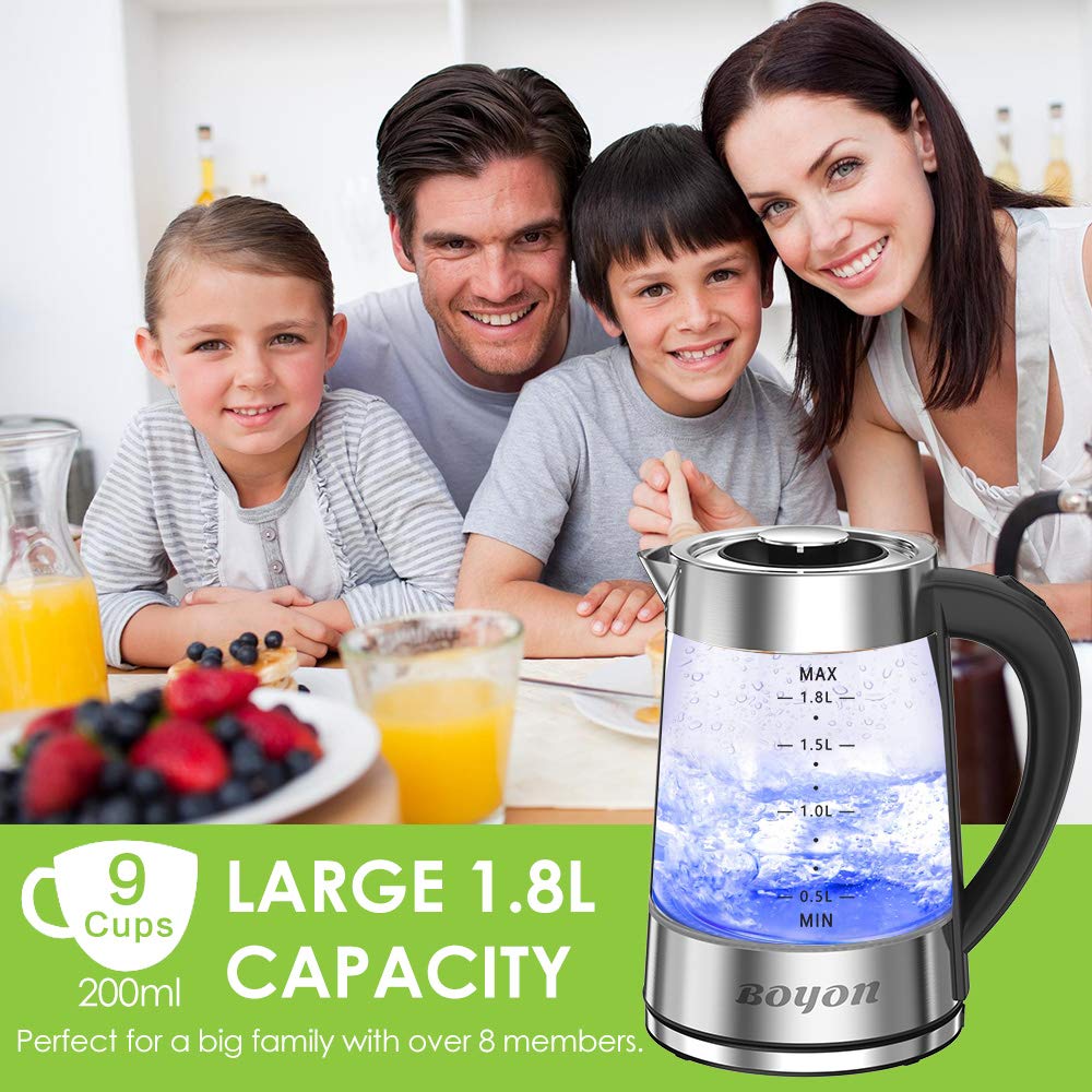 BOYON 1.8L Electric Kettle 1500W BPA Free, Stainless Steel Inner Lid & Bottom, Glass Tea Kettle with LED Indicator Light, Auto Shut-Off & Boil-Dry Protection