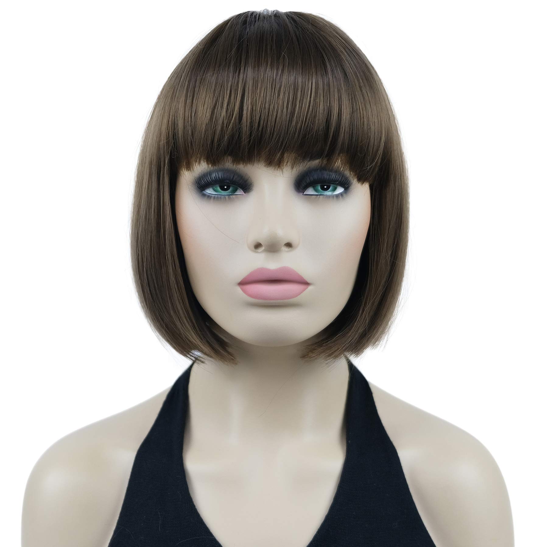 Lydell 8" Short Bob Hair Flat Bangs Cute Central Dot Skin Top Heat Resistant Synthetic Wigs (10 Medium Golden Brown)
