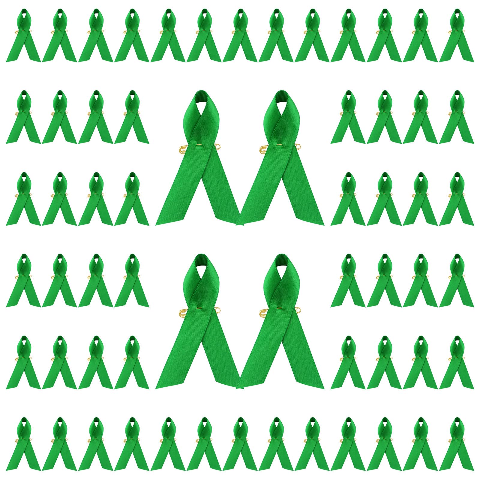 CRAFFANCY 200Pcs Green Mental Health Awareness Ribbons with Safety Pins, Satin Print Ribbons for Women or Man Charity Public Social Event Public