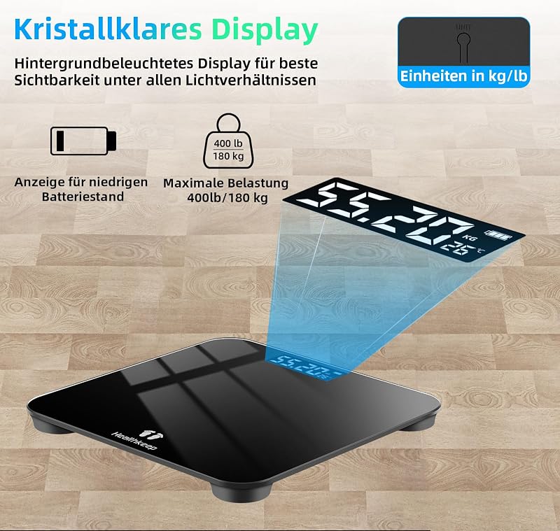 Personenwaage, Körperwaage mit Hochpräzisions-Sensoren, Personen Digitalwaage mit Step-On-Technik, Gewichtswaage aus Sicherheitsglas, Schwarz (260 schwarz 202403)