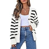 EVALESS Womens Striped Cardigan Sweaters Long Sleeve V Neck Lightweight Open Front Button Down Knit Cardigans