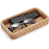 BTSKY Small Remote Basket for Coffee Table Entryway Living Room Rattan Serving Tray 8.3” x 4.7” Handwoven Wicker Baskets Decorative Tray for Wallet Remote Control Trinkets Rings Cosmetics Crackers