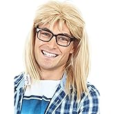 ALLAURA Compatible with Garth Wig – Blonde Mullet Wig + Black Glasses for Men – 80s 90s Rocker, Punk, Heavy Metal Costume – Funny Halloween Couples Outfit, Party Cosplay, Garth & Wayne Duo Look