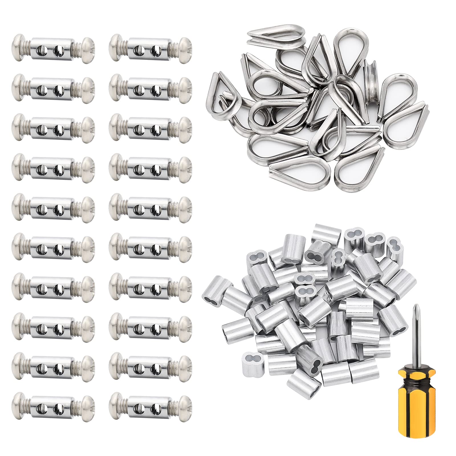 TooTaci 20pcs 2mm Steel Wire Rope Clamps, 20pcs Thimbles & 50pcs Aluminum Crimping Sleeves, 2mm Steel Cable Fixing Kit for Picture Hanging, Garden Wire Fixed