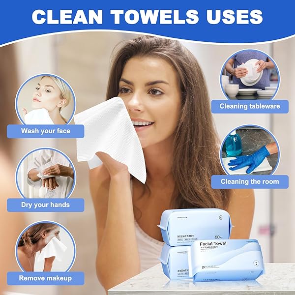 100 COUNT DISPOSABLE FACE TOWEL,SOFT COTTON FACIAL DRY WIPES, MULTI-PURPOSE FOR SKIN CARE, MAKEUP REMOVER, FACE WIPES AND FACIAL CLEANSING