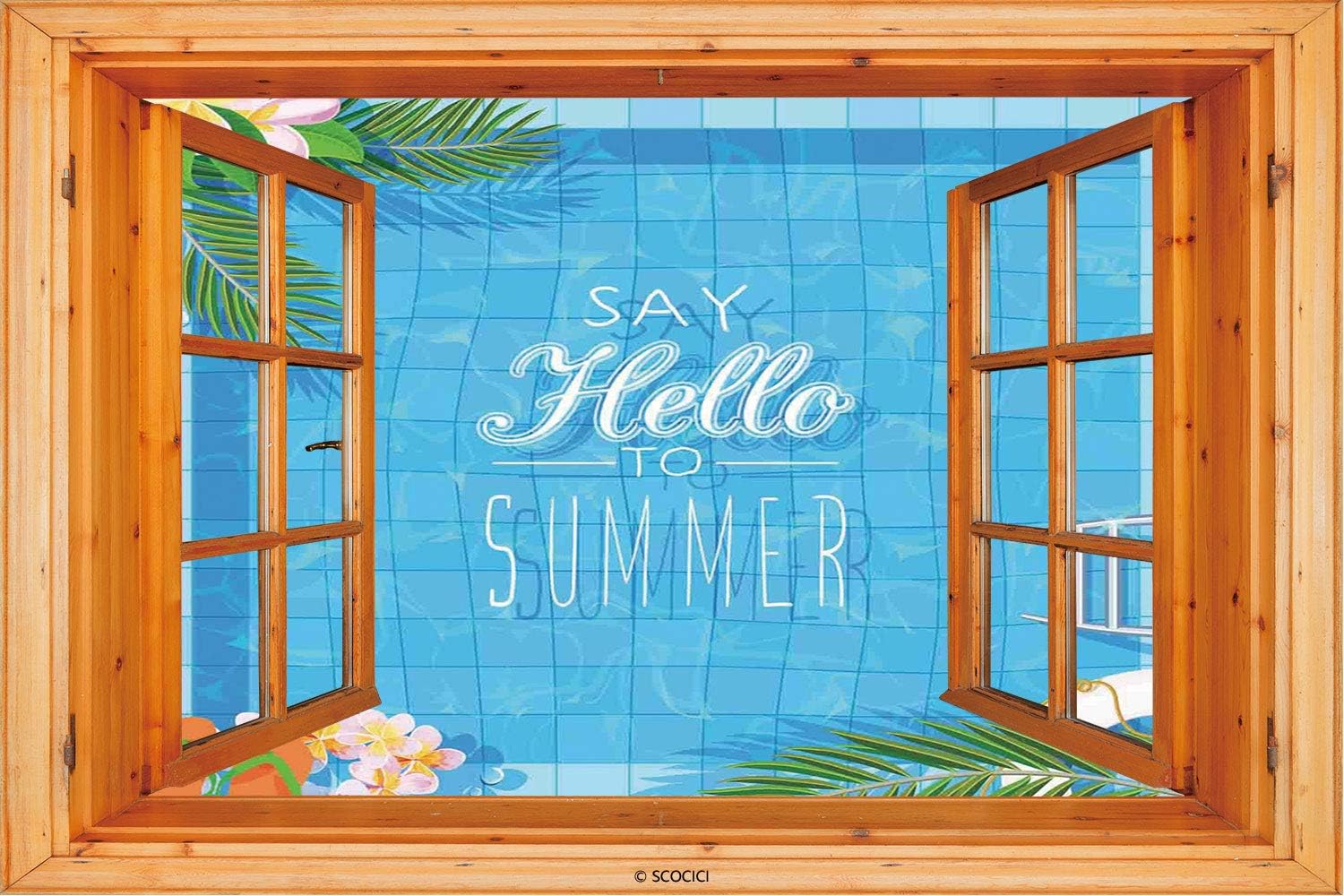 №22307 3D Depth Illusion Vinyl Wall Decal Sticker [ Saying, Say Hello To The Summer Slogan On A Pool With Ladder Flip Flops And Flowers Design, Multicolor ] Window Frame Style Home Decor Art Removable