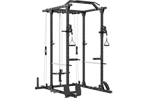 Synergee Power Rack with Cable Crossover Full-Body Home Gym with Sandwich J Cups, Safety Arms, Multigrip Pull-Up Bar, Dip Sta