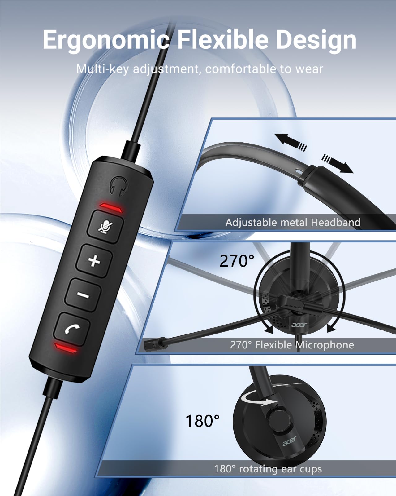 acer USB Headset with Noise Cancelling Microphone, for PC Laptop - Wired Computer PC/Zoom/MS Teams/Skype/Webinars/Call Center and More, Lightweight On-Ear Design (Black)