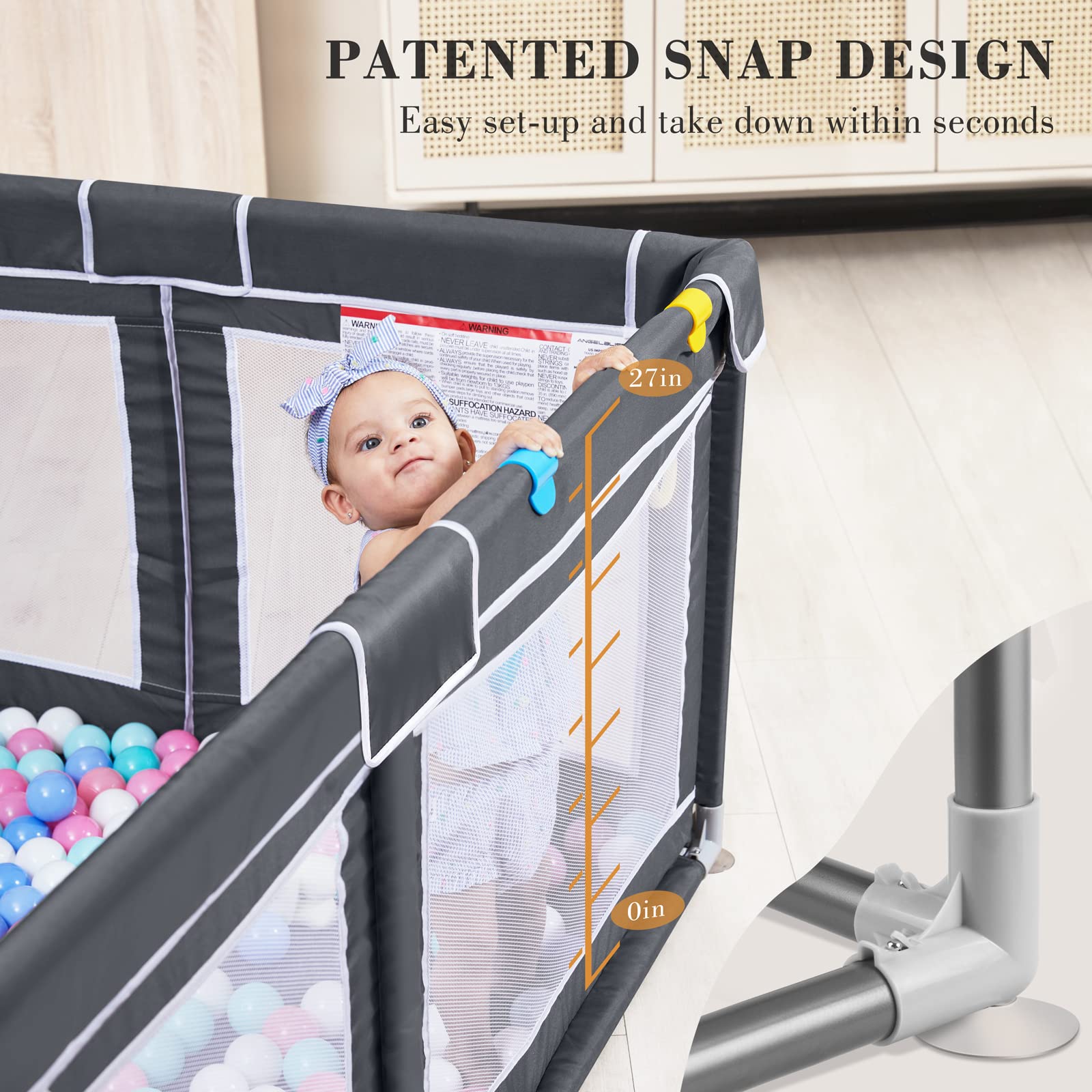 ANGELBLISS Baby Playpen, Large Playpen, Indoor&Outdoor,Sturdy Safety Play Yard with Super Soft Breathable Mesh,Kid's Fence for Toddlers(Dark Grey,63”x47”)