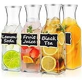 Glass Carafe with Lid, 4Pcs Square Glass Carafe Juice Containers 1 Liter Clear Glass Pitcher Drink Dispensers for Beverage Cold Water Juice Milk Iced Tea Wine Dishwasher Safe