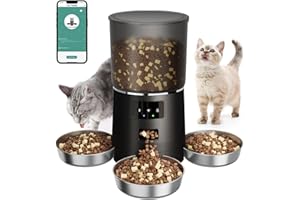 CATBOAT Automatic Cat Feeder with 3 Bowls, Smart APP-Controlled Pet Feeder for Multi-Cat Households – 6L Large Capacity, Anti-Jam & Voice Recorder, Lock Design, Dry Food Dispenser for Cats, Black