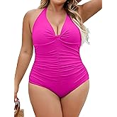 B2prity Women's Plus Size One Piece Swimsuit Tummy Control Ruched Slimming Bathing Suit Halter V Neck Swimwear