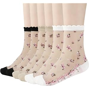 scenicamp 6 Pairs Women's Mesh Sheer Floral Socks | Summer Thin Cool Transparent Stocking Ultrathin Lace Socks for Girls Wome