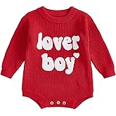 Lesimsam Newborn Baby Boy Valentines Day Outfit Lover Boy Embroidery Knit Sweater Romper Long Sleeve Bubble Bodysuit