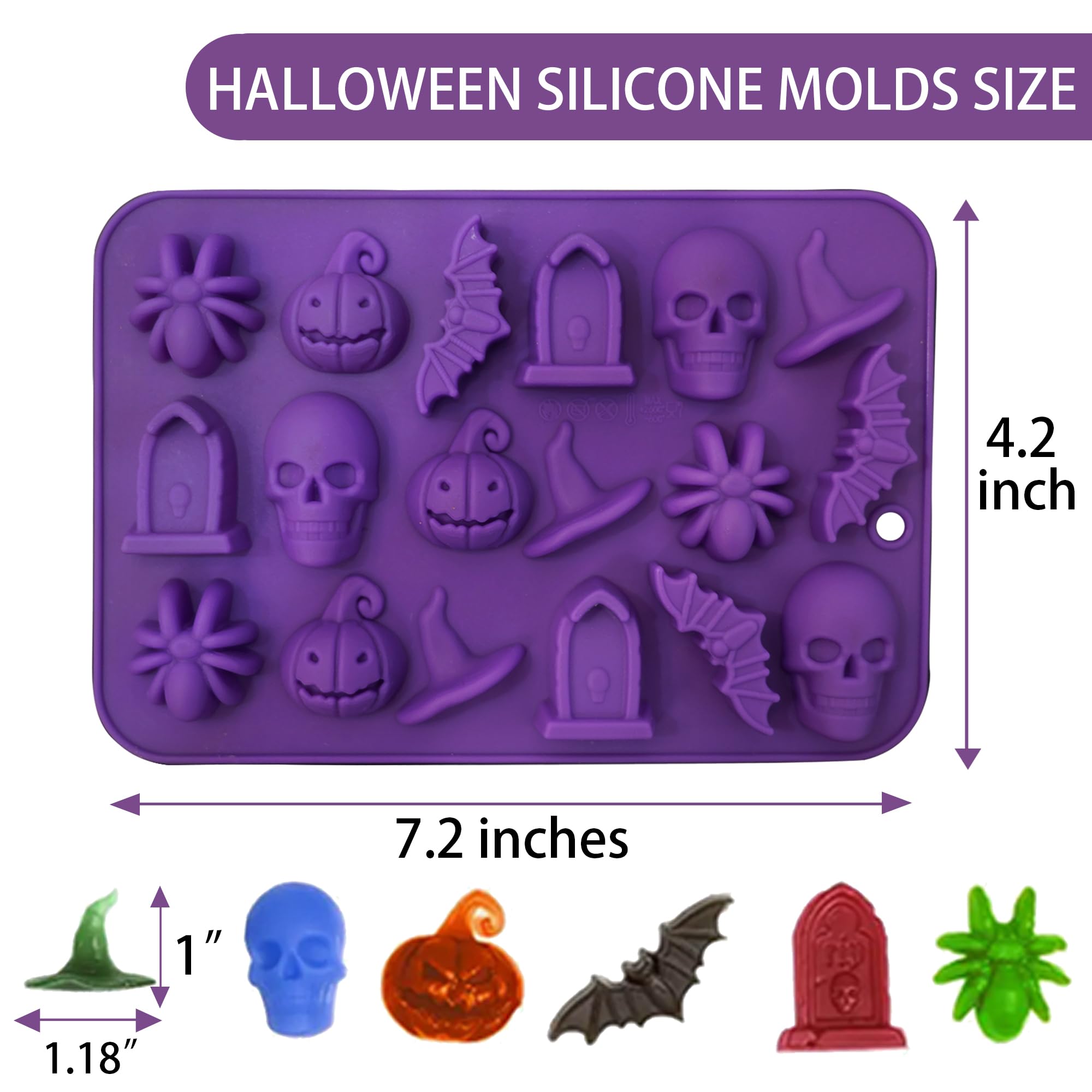 Halloween Molds Silicone for Chocolate 2 Pack, 3D Halloween Chocolate Candy Gummy Mold Skull Pumpkin Bat Ghost Witch Hat Spider tombstone Shapes Mold