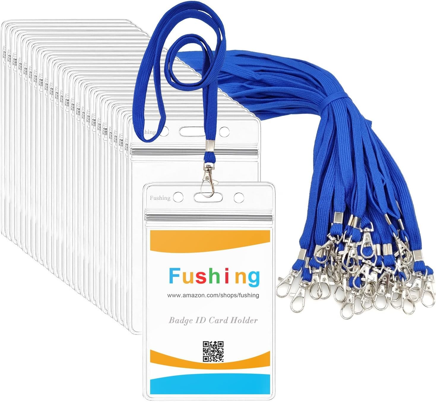 Fushing 50pcs Clear Plastic Vertical Name Tags Badge ID Card Holders and 50pcs Blue Neck Lanyards with Swivel Hook for School, Festival, Event (M)
