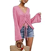 FERBIA Women Crochet Top Beach Cloth Drawstring Shirt Cover Up Oversized Sexy Beachwear Lace Up Tee Poncho