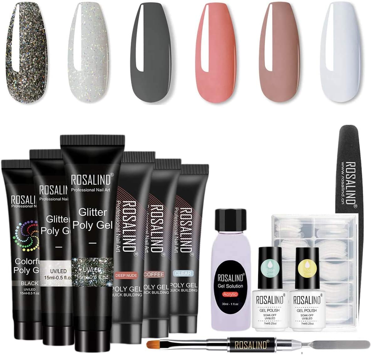 ROSALIND Poly Nail Gel Kit - Glitter Poly Nail Gel 6pcs Nude Colors Gel Nail Extension Gel Nail Enhancement Manicure Kit for Nude Gel Polish Starter and Professional Nail Technician Mixed