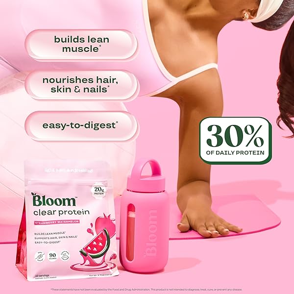 BLOOM CLEAR PROTEIN, WHEY PROTEIN ISOLATE WITH COLLAGEN PEPTIDES AND DIGESTIVE ENZYMES, 20G PROTEIN, SUGAR FREE POST WORKOUT DRINK MIX, 90 CALORIES, STRAWBERRY WATERMELON, 10 SERVINGS