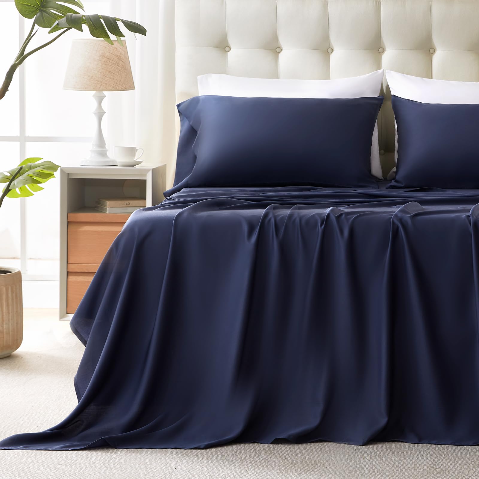 Photo 1 of Luxe Linen 100% Lenzing Tencel Lyocell King Size Bed Sheet Set, 4 Piece Solid Indigo Blue Cooling Bed Sheet Set, Silky Soft & Luxury, 1 Deep Pocket Fitted Sheet & 1 Flat Sheet & 2 Pillowcases