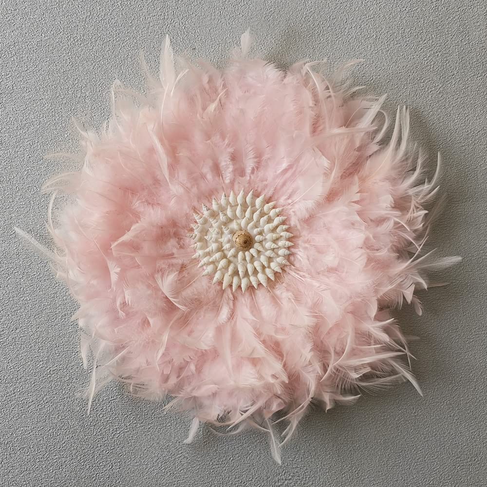Teinopalpus Feather Wall Art for Living Room/Bedroom/Office Handcrafted Feather JUJU HAT Decoration Cowrie Shells with African Design,Pink 14" in