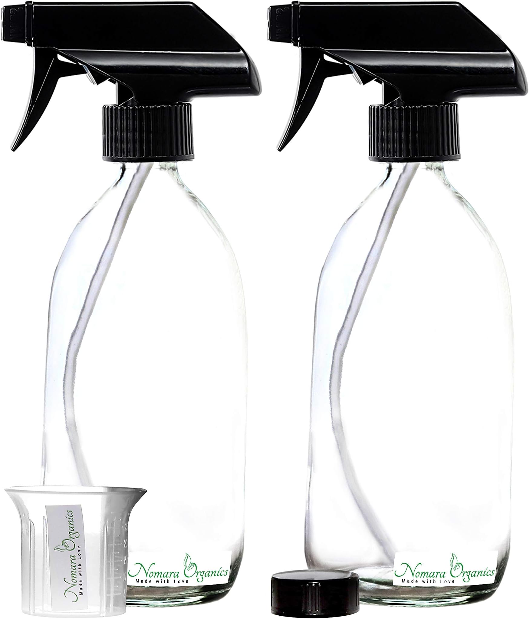 Nomara Organics Clear Glass Spray Bottles with Durable Pump– Set of 2 x 500mL, BPA-free, Refillable for Laundry, Ironing, Cleaning, Gardening and Watering Plants.