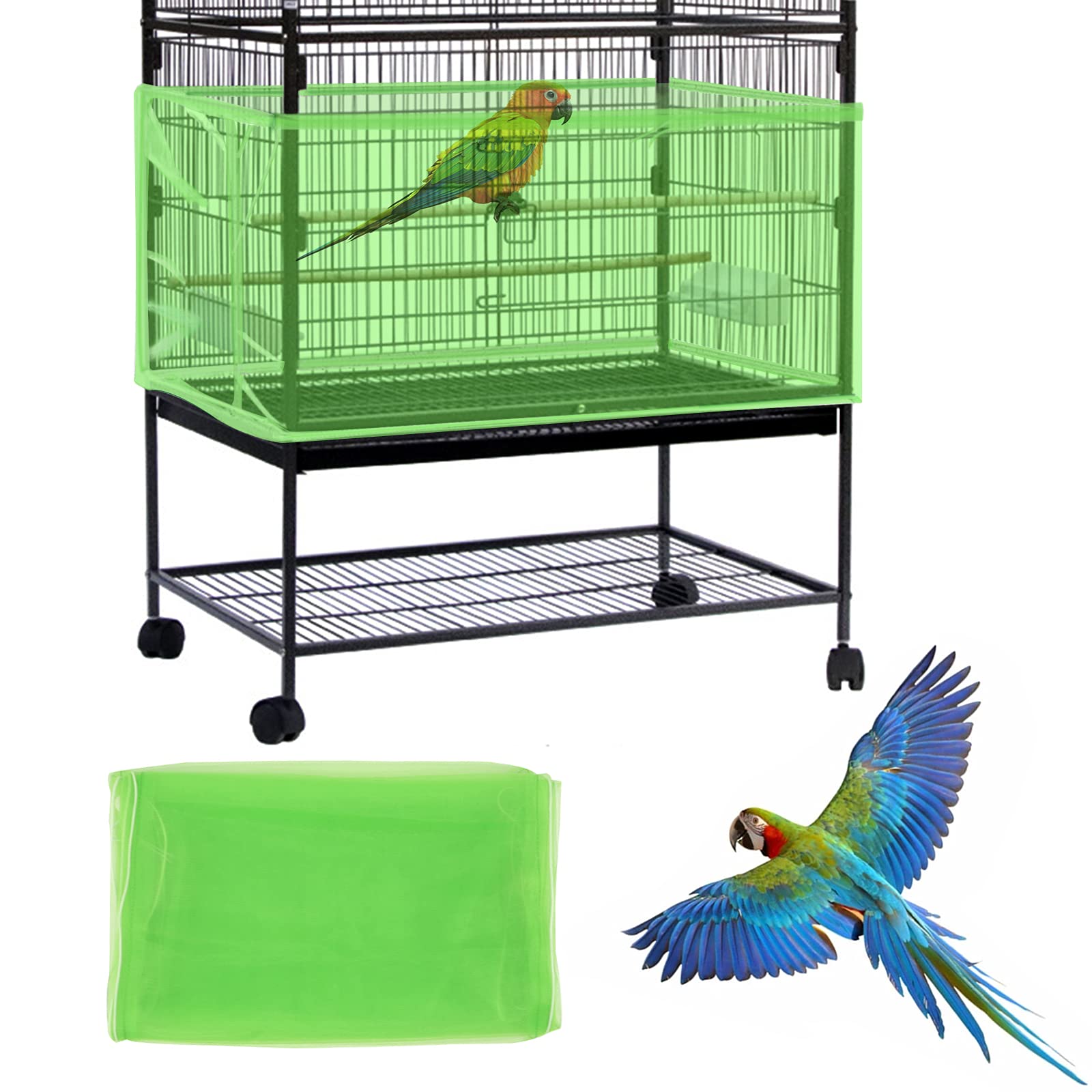 Daoeny Bird Cage Cover, Adjustable Soft Airy Nylon Mesh Net, Parrot Parakeet Macaw African Round Square Cages (Green)