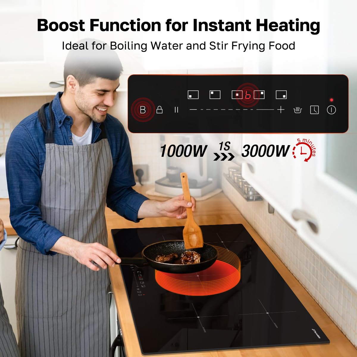 thermomate 36 Inch Induction Hob Electric Cooktop, 9800W Built in Induction Stove Top with 5 Boost Burners, 9 Heating Levels, Timer & Child Safety Lock, Sensor Touch Control, 240V