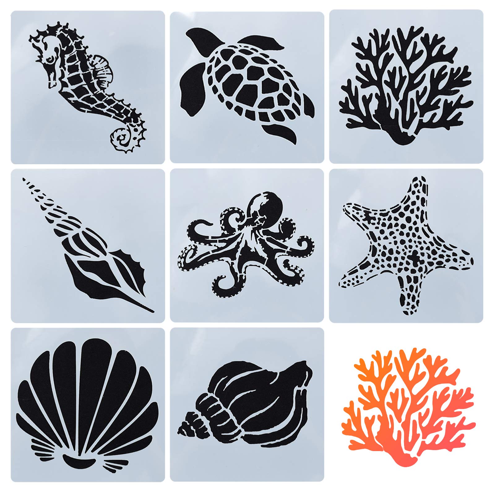 GORGECRAFT 8 Mixed Sea Animals Stencils Set 5.1x5.1 Ocean Creatures Painting Templates for DIY Art Crafts Scrabooking (Starfish, Conch, Seahorse, Coral, Shell Designs)