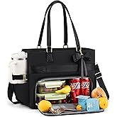 LOVEVOOK Lunch Bag, Tote Bag for Women with Insulated Lunch Compartment, Large Capacity Teacher Nurse Bag for Work with Large Cup Holder, Womens Crossbody Black Handbags fit 15.6 Inch Laptop, Gift
