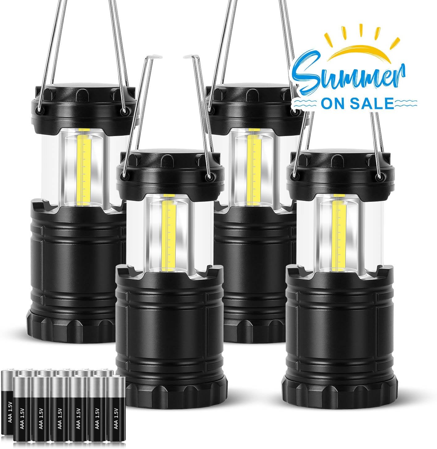ALLPAIPAI Camping Lantern, 4 Pack LED Lantern with Magnetic Base &12 AAA Batteries - Best Camping Gear Battery Powered Lantern Flashlight for Emergency, Hurricane, Power Outage (Black, Collapsible)