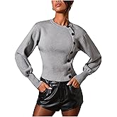MakeMeChic Women's Y2K Winter Sweaters Crew Neck Long Sleeve Button Front Knit Tops