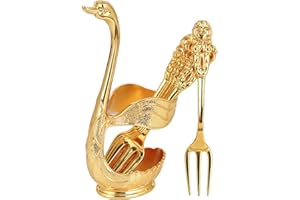 KoiLykke 6 Pcs Coffee Spoon and Fork Set with Holder Swan Zinc Alloy Tableware, European Retro Style, Golden White Silver Whi