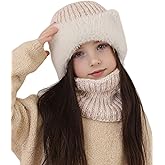 Girls Winter Hat and Scarf Set Kids Knitted Hat with Cat Ears Beanie Cuff Fleece Lined Neck Warmer Gaiter for Ages 5-12